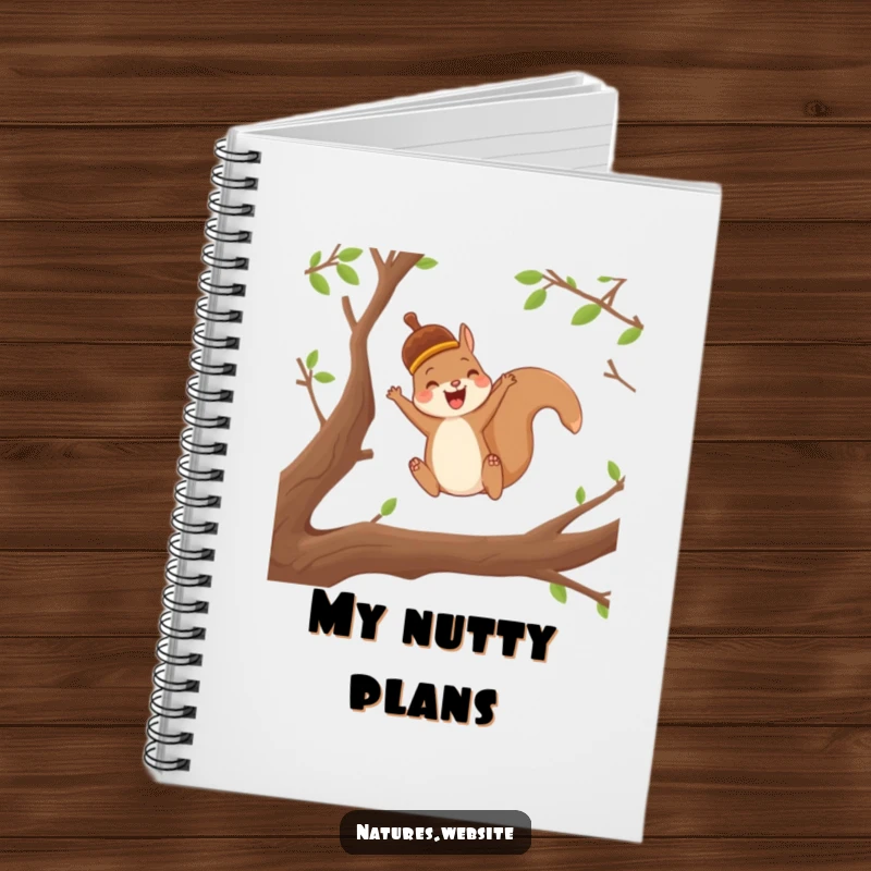 Funny notebook featuring a joyful squirrel in an acorn cap leaping between branches, ideal for notes.