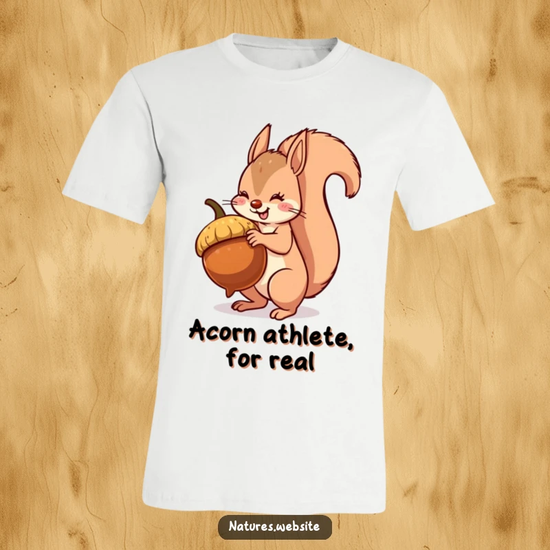 Funny squirrel t-shirt showing a determined squirrel with a bushy tail trying to balance an oversized acorn, full of comedic energy.