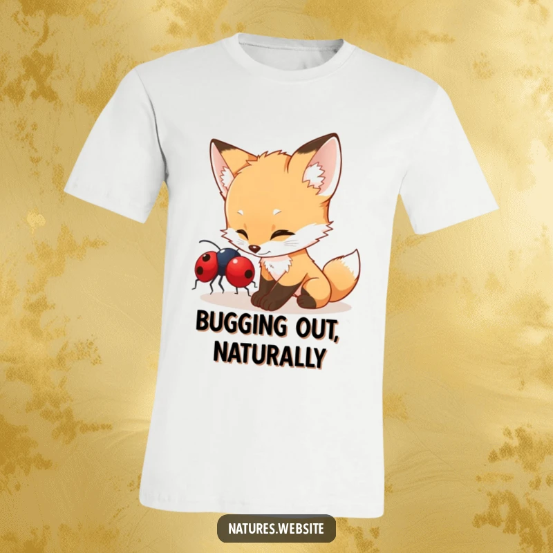 Funny fox cub t-shirt depicting a curious cub nudging a small red ladybug, highlighting playful interaction and gentle humor.