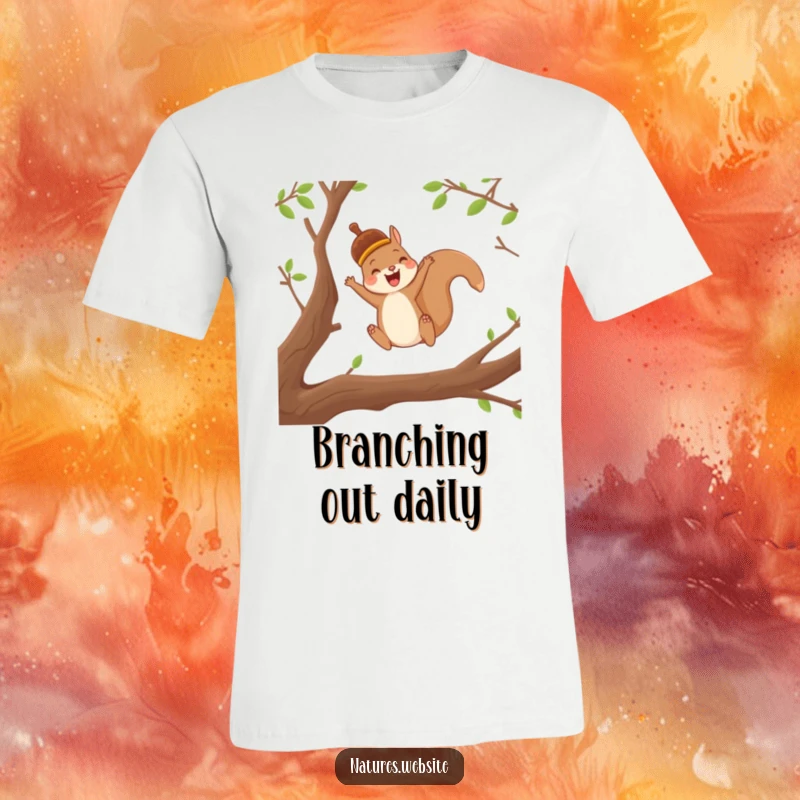 Funny t-shirt with a joyful squirrel in an acorn cap leaping energetically between tree branches, capturing wild fun.