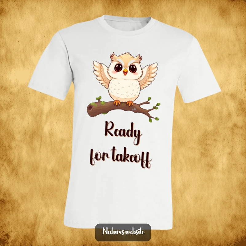 Funny owl chick t-shirt depicting a joyful chick flapping its small wings while perched, showcasing energetic humor and cute antics.