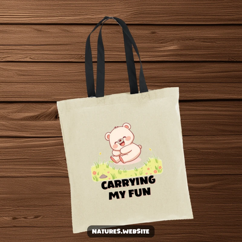 Funny tote bag with a happy bear cub rolling down a grassy hill, giggling, a delightful accessory.