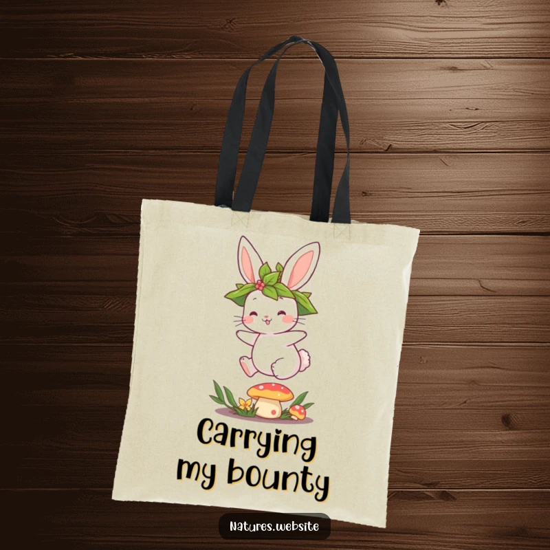 Funny tote bag featuring a cute bunny in a leaf crown leaping over a mushroom, a whimsical accessory.