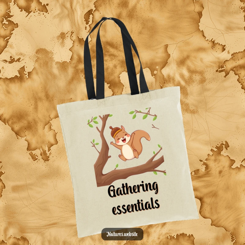 Funny tote bag featuring a joyful squirrel in an acorn cap leaping between branches, a charming accessory.